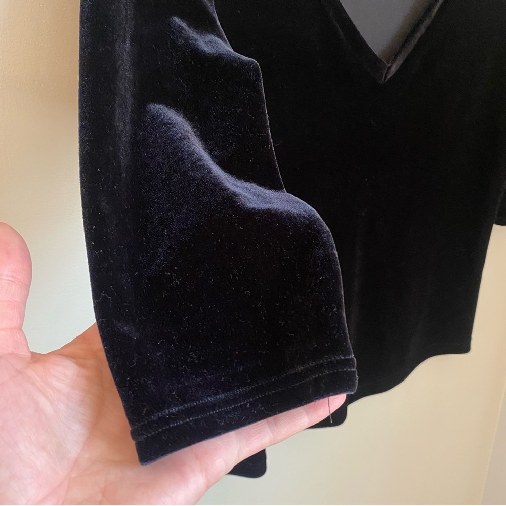 Vintage Y2K Jacob Black Velvet V-Neck Top Blouse 90s M Fitted Stretch Retro - Picture 4 of 8
